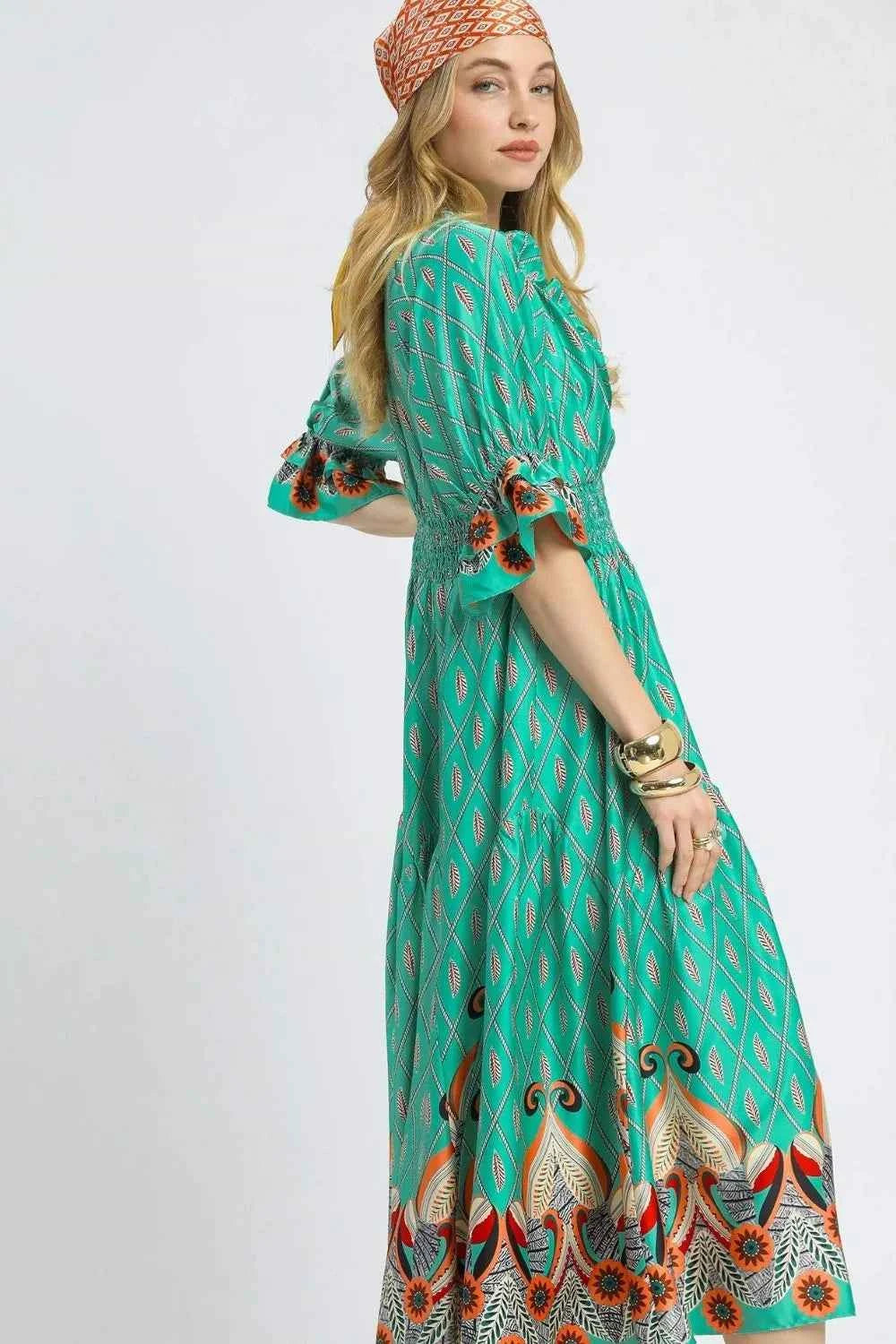 Umgee Printed Smocked Waist Flounce Sleeve Midi Dress 7787290f-80e2-4673-bce1-9ac9d940189b-Max-Origin