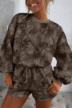 Brown Camouflage Print Round Neck Drop Sleeve Shorts Set Brown 77890ddb9bf6c66a