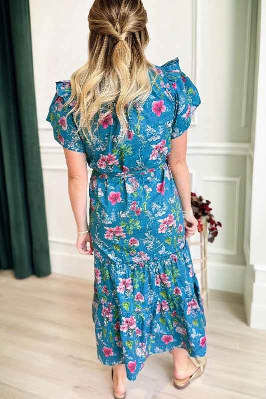 Floral Flutter Sleeve Tie Neck Belted Midi Dress 778bc17c-3eac-49de-a0a2-a09f25f0cfab