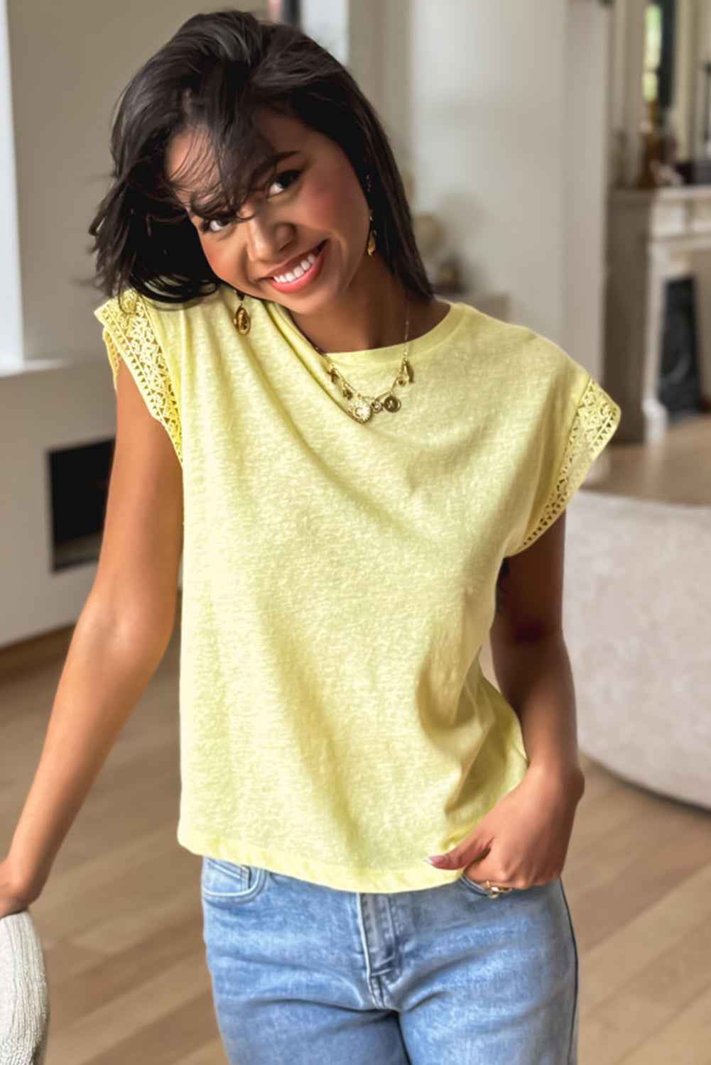 White Lace Patchwork Cap Sleeve Round Neck Top 778e2e93a885aa8b