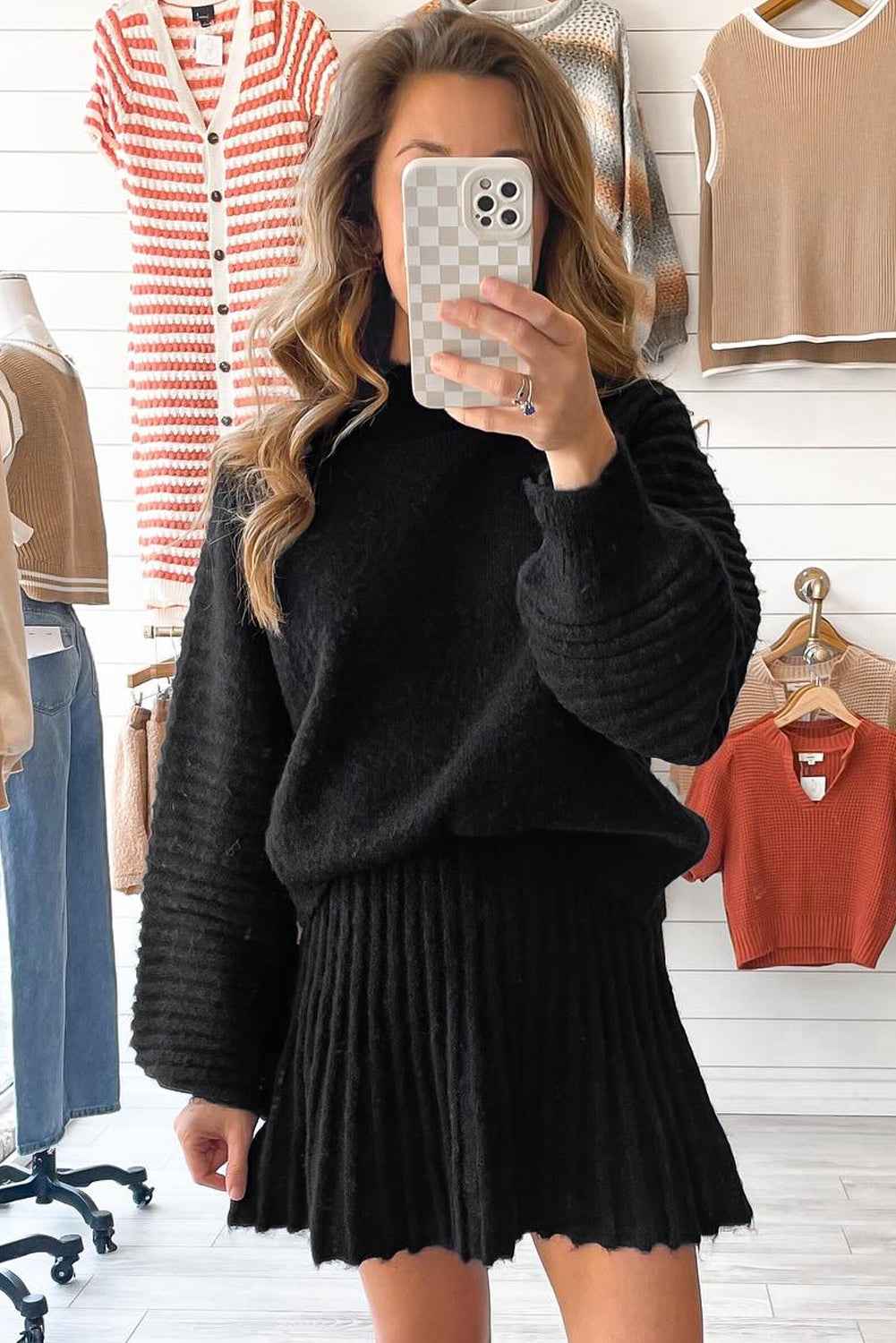 Black High Neck Puff Sleeve Sweater Pleated Mini Skirt 2pcs Knitted Outfit 778ea9ca3397e544