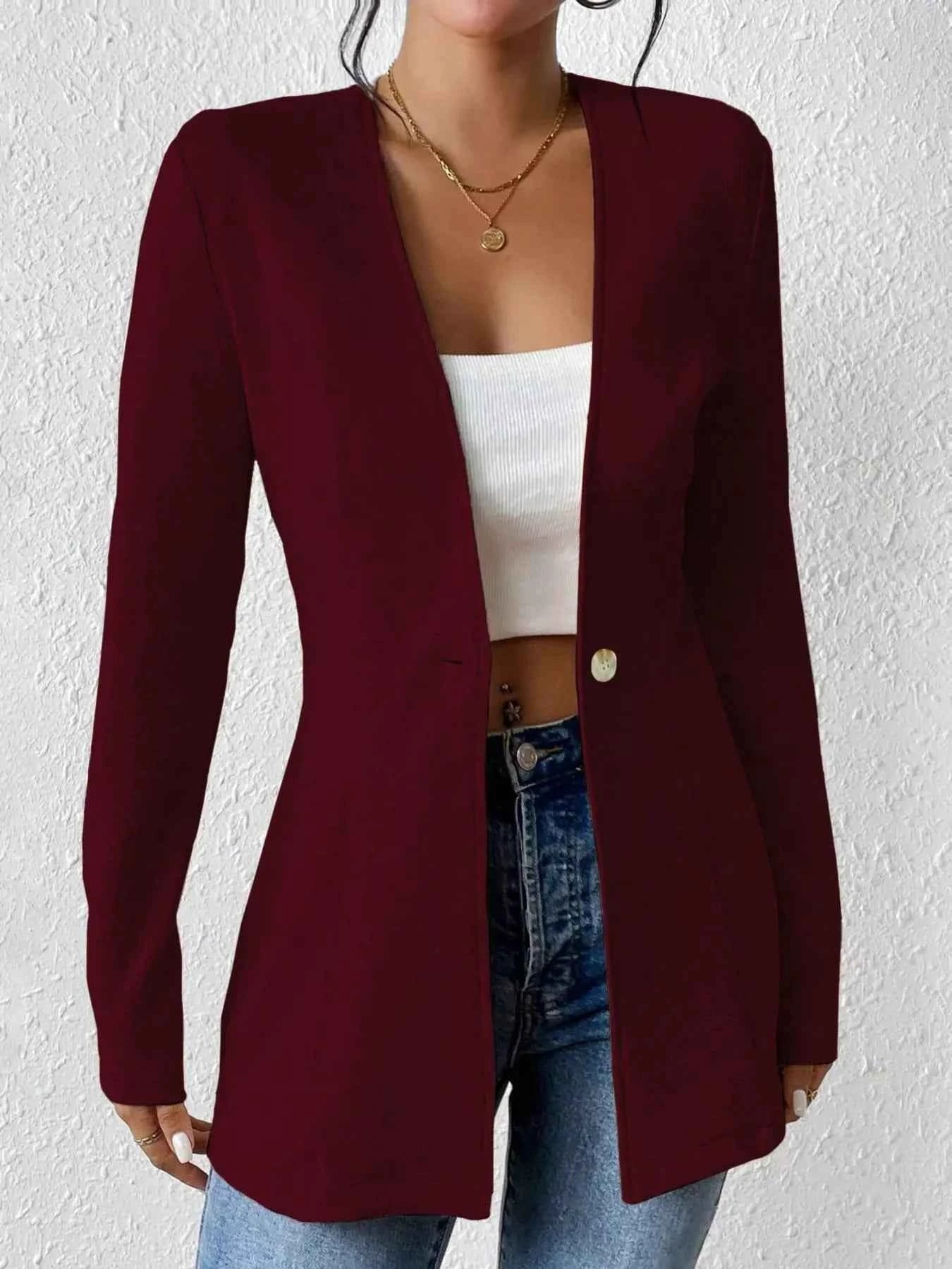 One Button Long Sleeve Blazer Burgundy 77941e315e18418a956626a1da7d78c2-Max-Origin