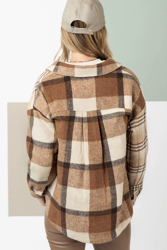 Light French Beige Flannel Plaid Patchwork Shacket 779425a68b2bbcdc