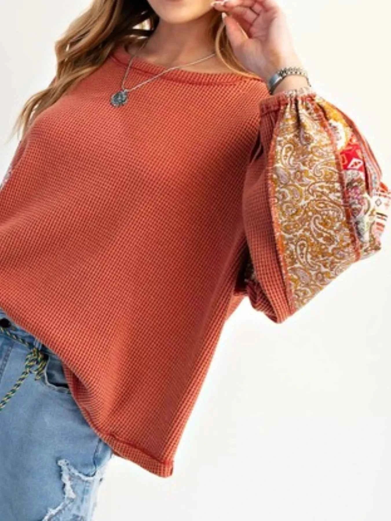 Waffle Knit Round Neck Dropped Shoulder Sweatshirt 7796fc98-882a-4d0d-ae5b-3f29168a0311-Max-Origin