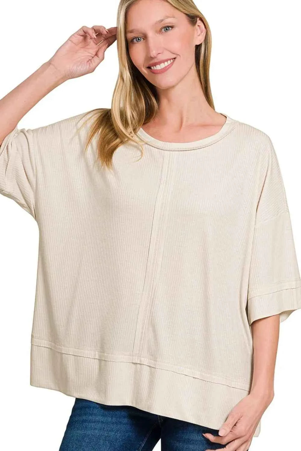 Zenana Ribbed Boat Neck 3/4 Sleeve Top SAND BEIGE 7797d17b-519d-4d1a-a3bf-b327baeb1810-Max-Origin