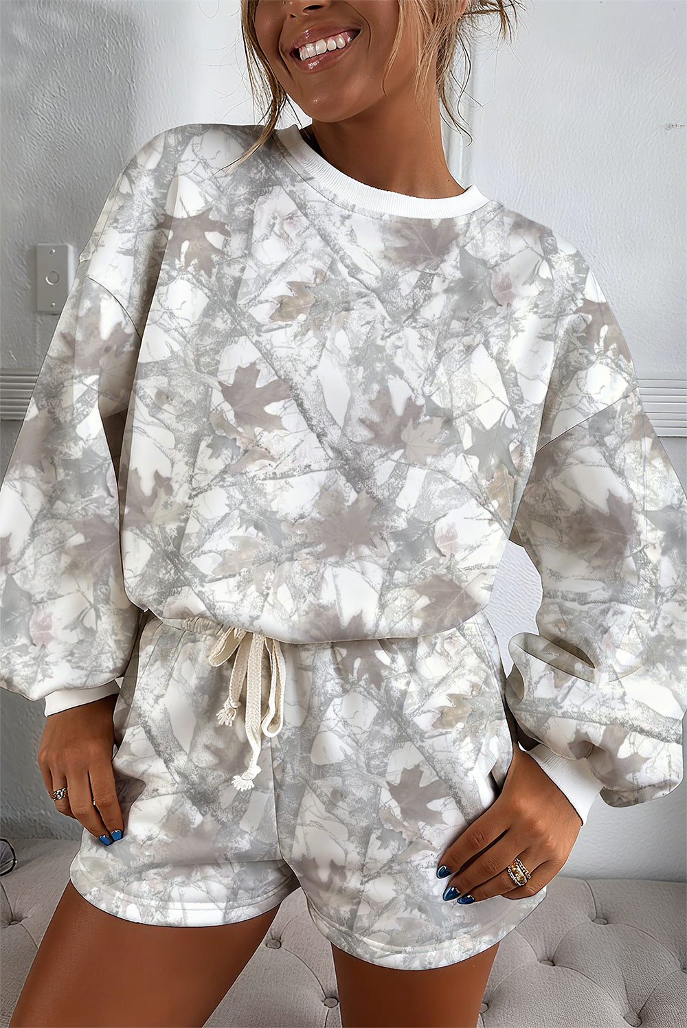Brown Camouflage Print Round Neck Drop Sleeve Shorts Set Light Grey 779812b751be953a
