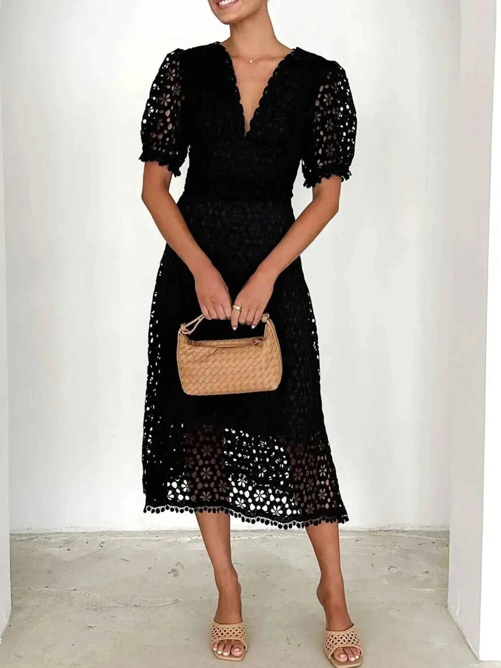 Eyelet Lace V-Neck Midi Dress with Puff Sleeves 77987cf4-caed-4953-84dc-546febdaa728-Max-Origin