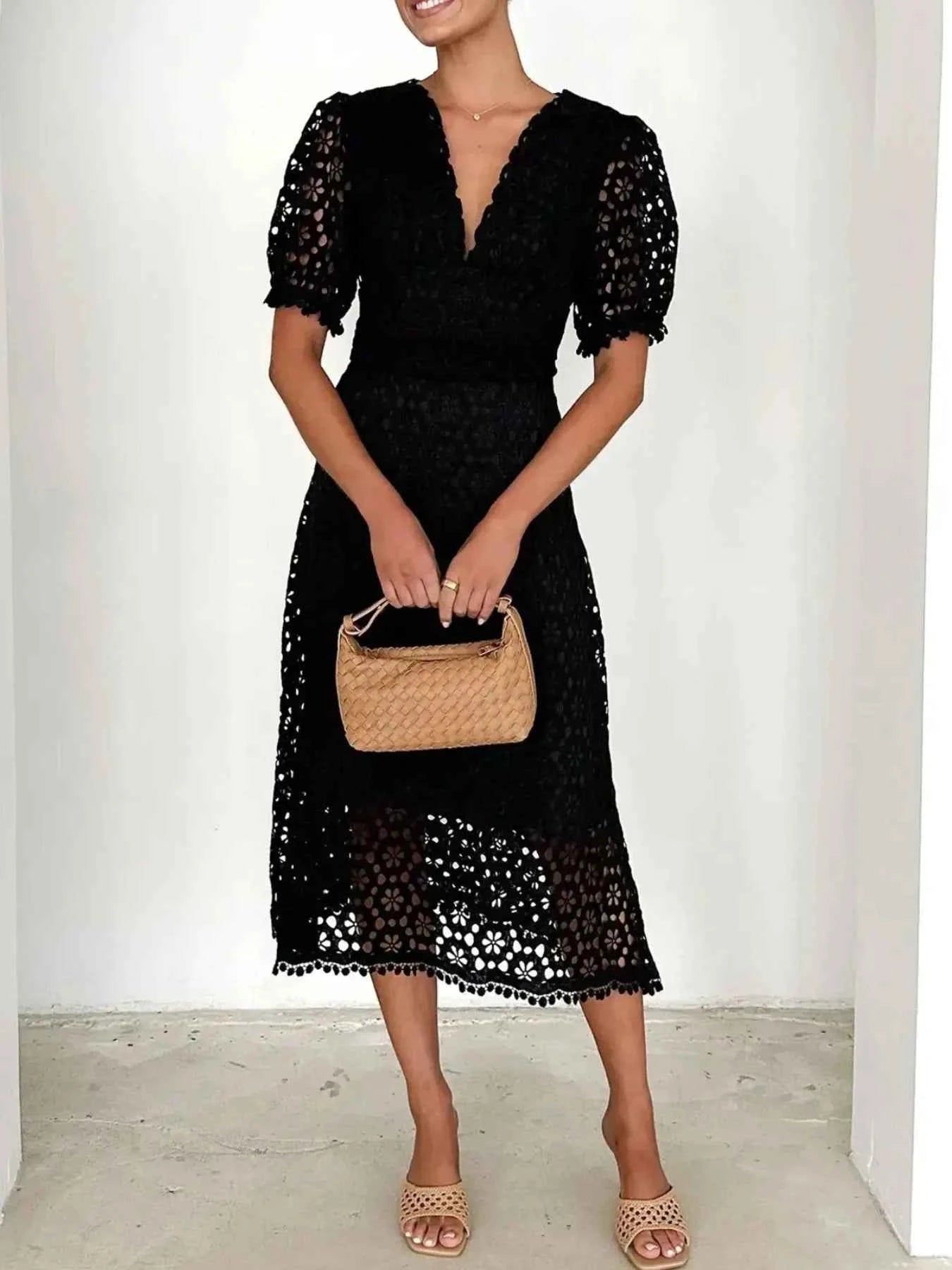 Eyelet Lace V-Neck Midi Dress with Puff Sleeves 77987cf4-caed-4953-84dc-546febdaa728-Max-Origin