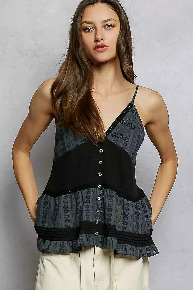 POL Button Front V-Neck Ruffled Cami with Pintuck Accents Black 779ba93a-f447-401c-a4d4-5d7b689852c4-Max-Origin