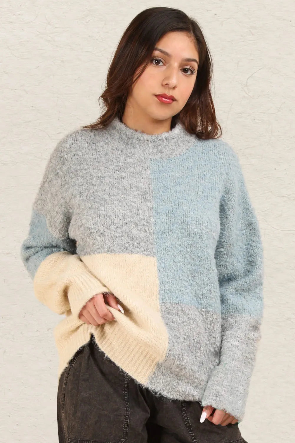 VERY J Color Block Mock Neck Drop Shoulder Sweater Grey 779c563e-3e6b-45bd-8f19-12de76658e0f-Max