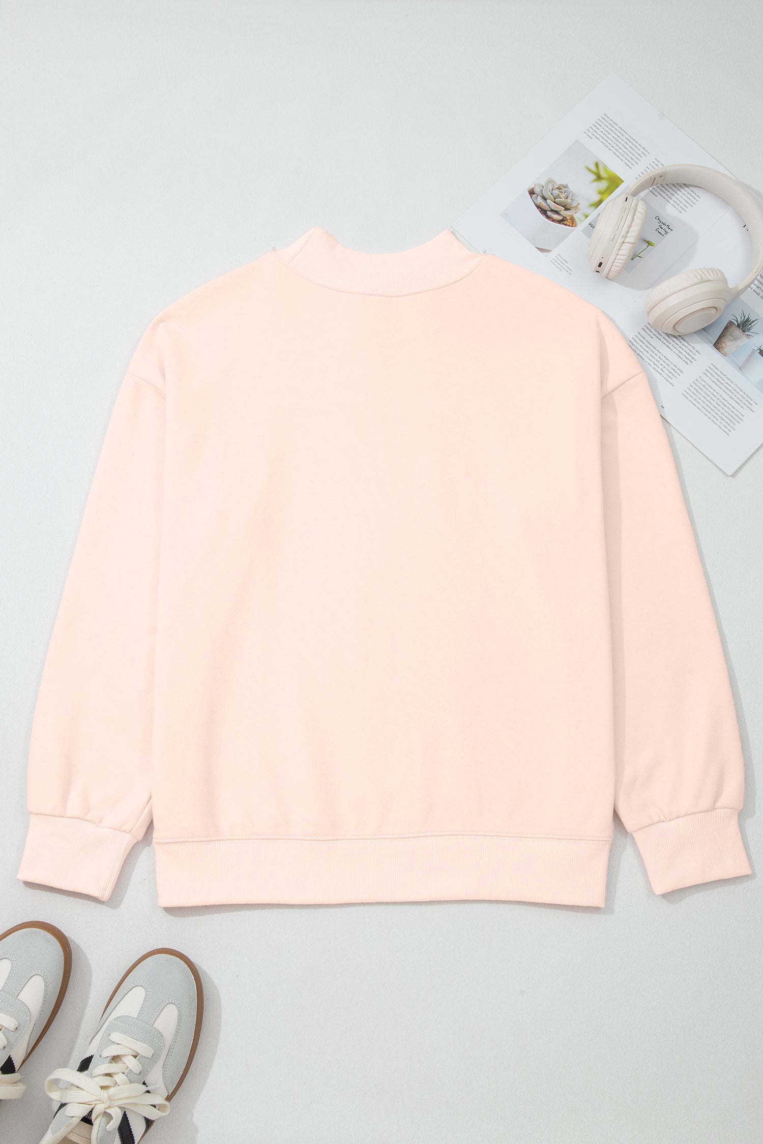 Apricot Pink Happy Easter Chic Bunny Embroidered Mock Neck Sweatshirt 779d63d7d1168d4a
