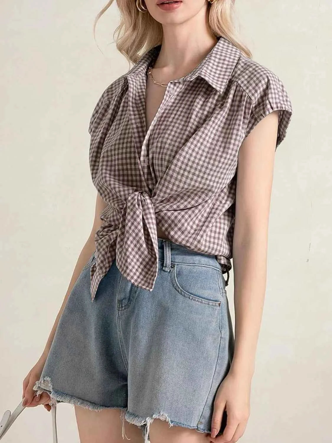 Plaid Button Up Cap Sleeve Shirt 779e9bf9-4936-4cec-ab0e-0afb4afe54c6-Max-Origin