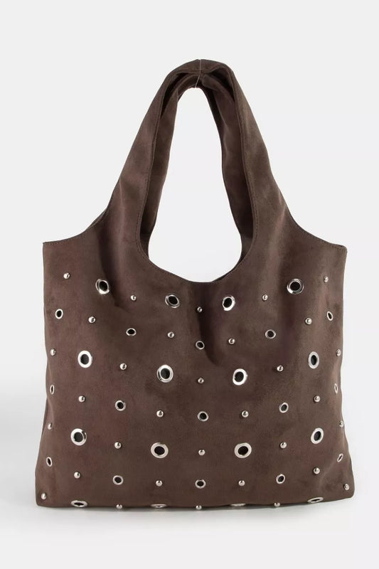 Fame Large Grommeted Suede Shoulder Bag DBR one size 77a04405bfc64b74a844a32dba1c42b6-Max-Origin