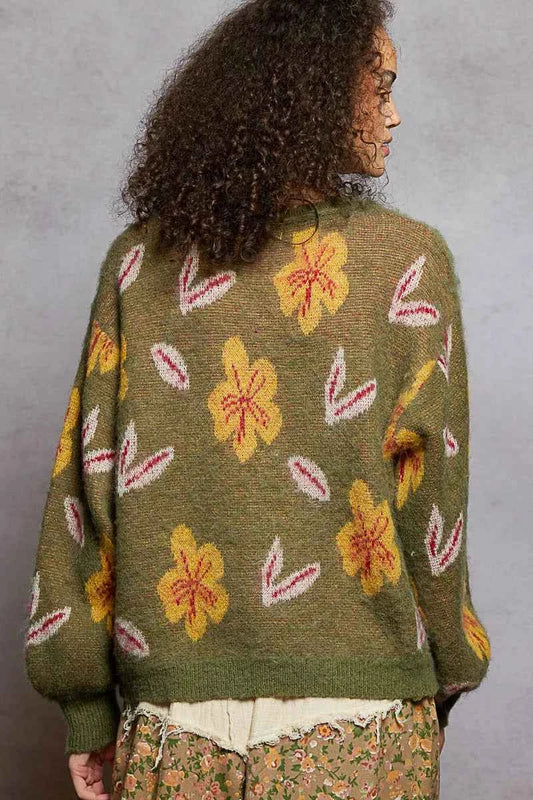 Floral Pattern Round Neck Balloon Sleeve Sweater 77a510e8-a535-46de-a158-f467008adc35-Max-Origin