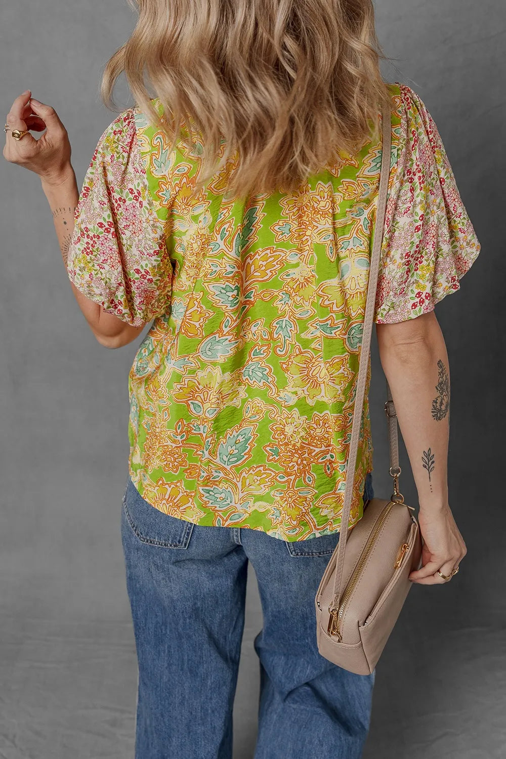 Multicolour Printed Contrast Bubble Sleeve Patchwork Blouse 77a9ef1f-5342-4a7c-a8b8-7c2ee4298d11-Max-Origin