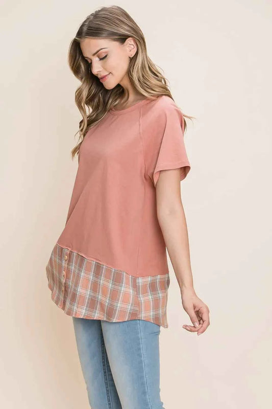 Cotton Bleu by Nu Lab Plaid Contrast Short Sleeve T-Shirt 77ade081-f00a-48bf-832f-d554eda844e1-Max