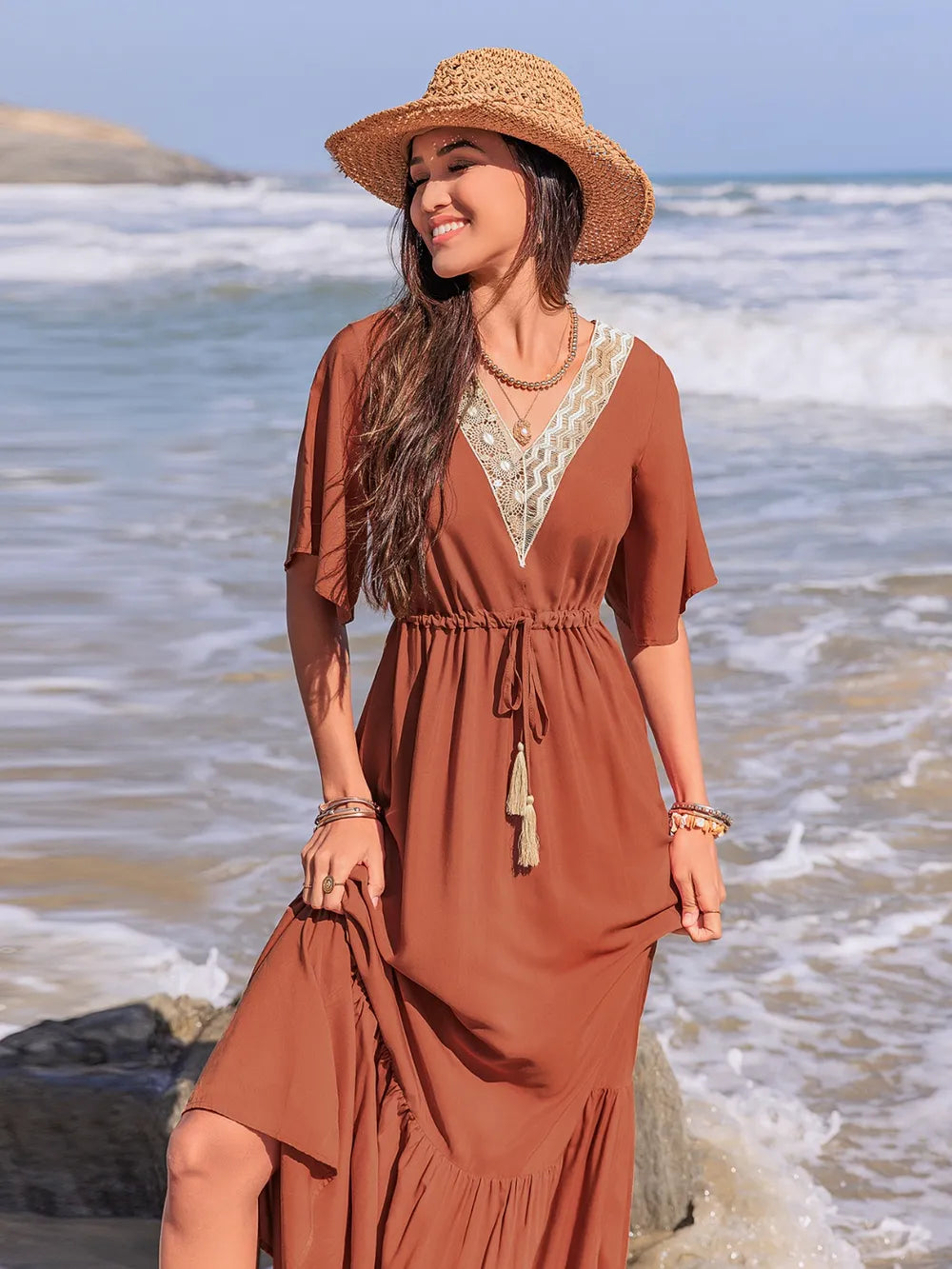 Ruffled Tassel V-Neck Flutter Sleeve Dress 77b18d09-ce68-43c5-b9bd-88abbf352cc4-Max