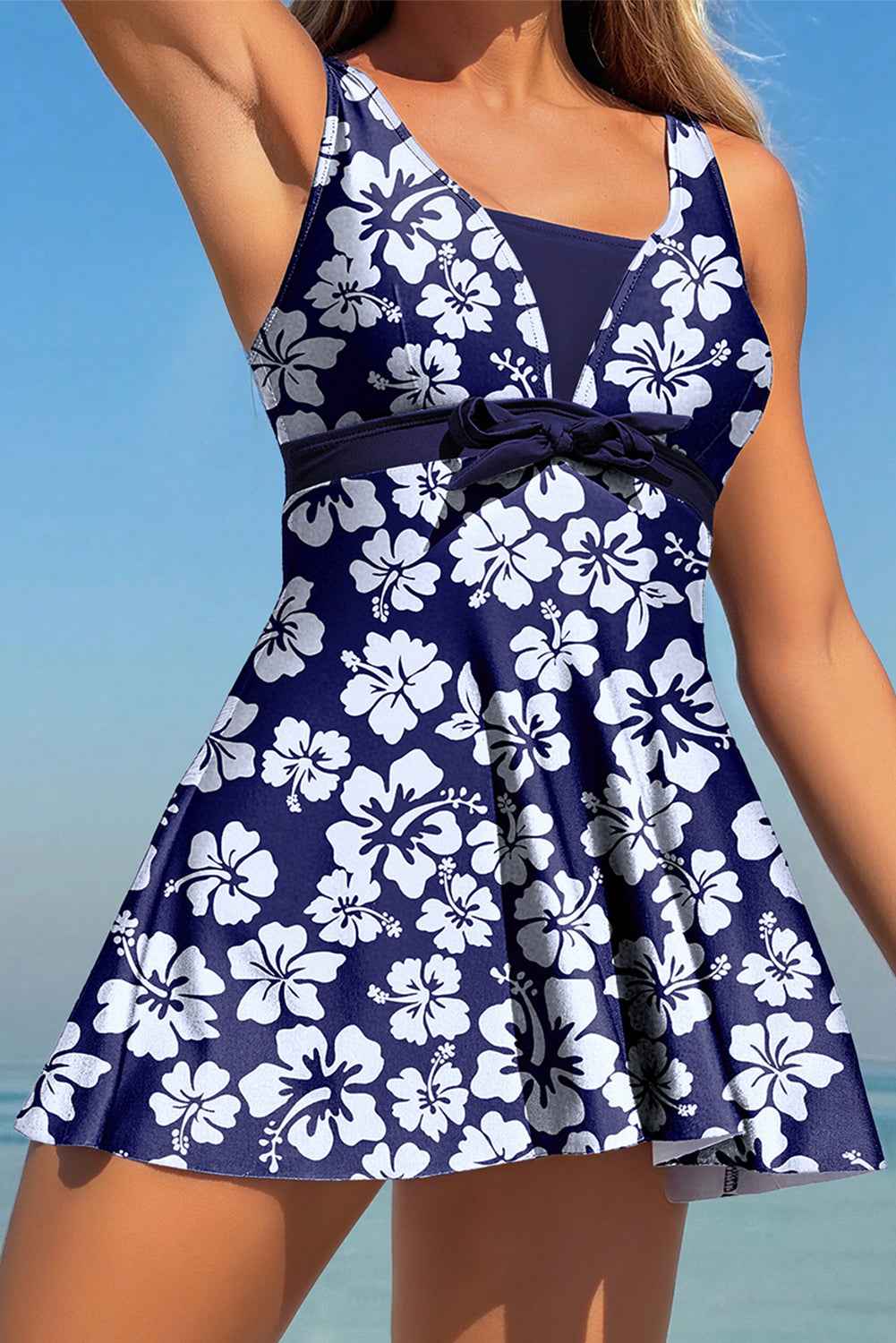 Blue Floral Print Patchwork Bow Knot Detail Sleeveless Swim Dress Blue 85%Polyester+15%Elastane 77bedd05c6771dab