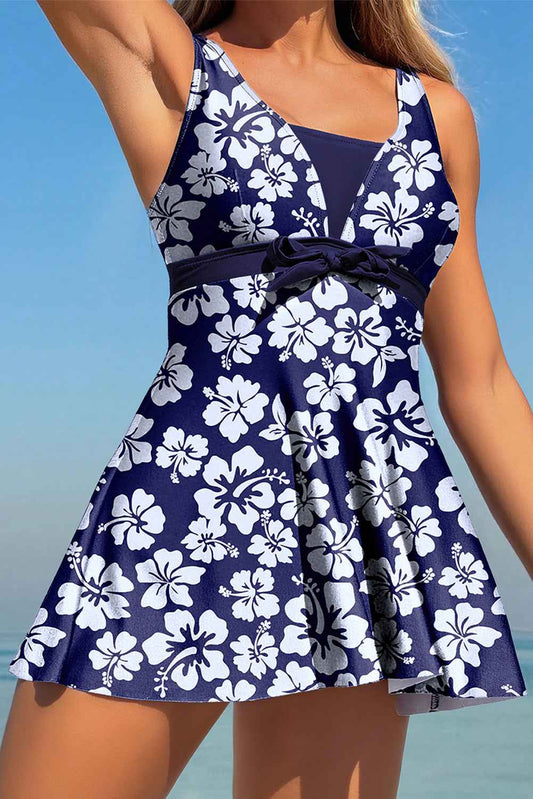 Blue Floral Print Patchwork Bow Knot Detail Sleeveless Swim Dress 77bedd05c6771dab