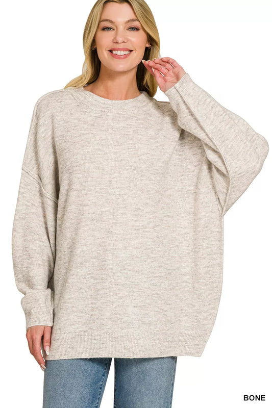 Oversized Round Neck Exposed Seam Melange Sweater BONE 77c0f0c0-02bb-44b3-93a5-6b23bbe7a2e2-Max-Origin