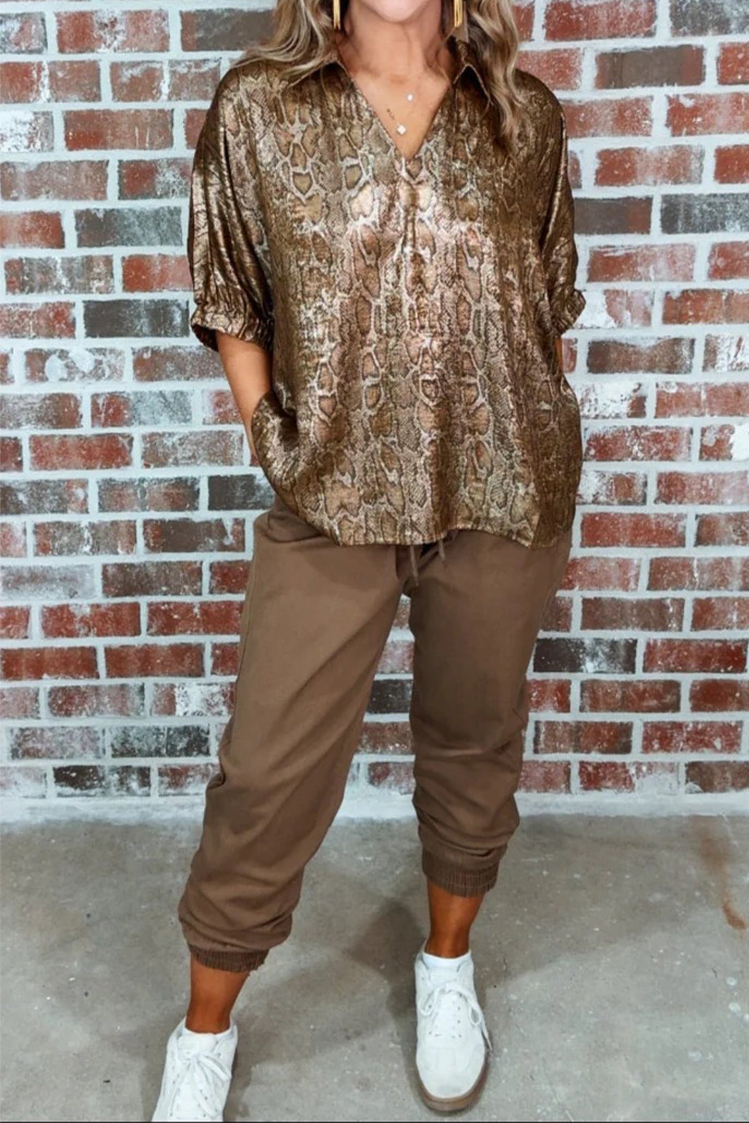 Brown Polo Collared V Neck Short Sleeve Metallic Leopard Blouse 77c13f64ad5f1d44