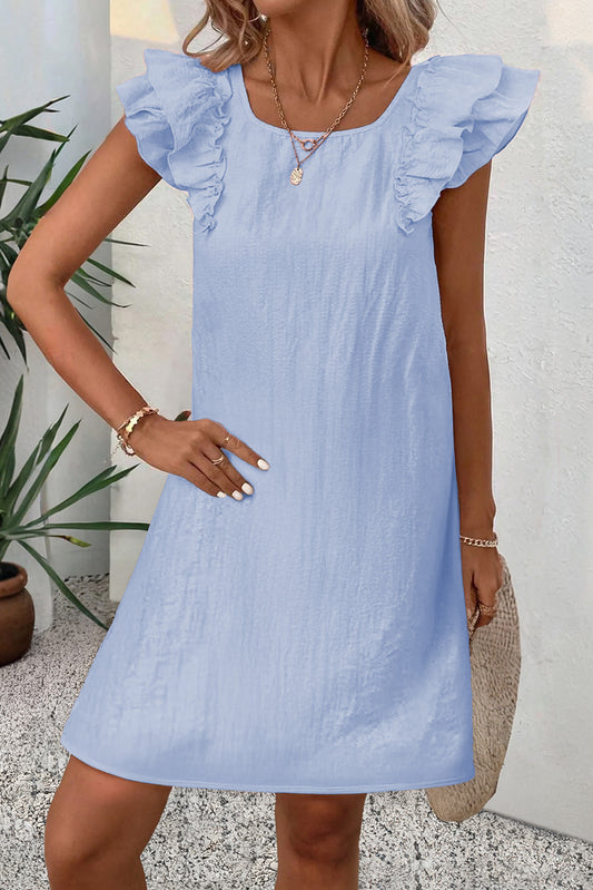 Beau Blue Textured Flutter Sleeve Square Neck Bow Back Mini Dress 77c170c45a8a9b1e