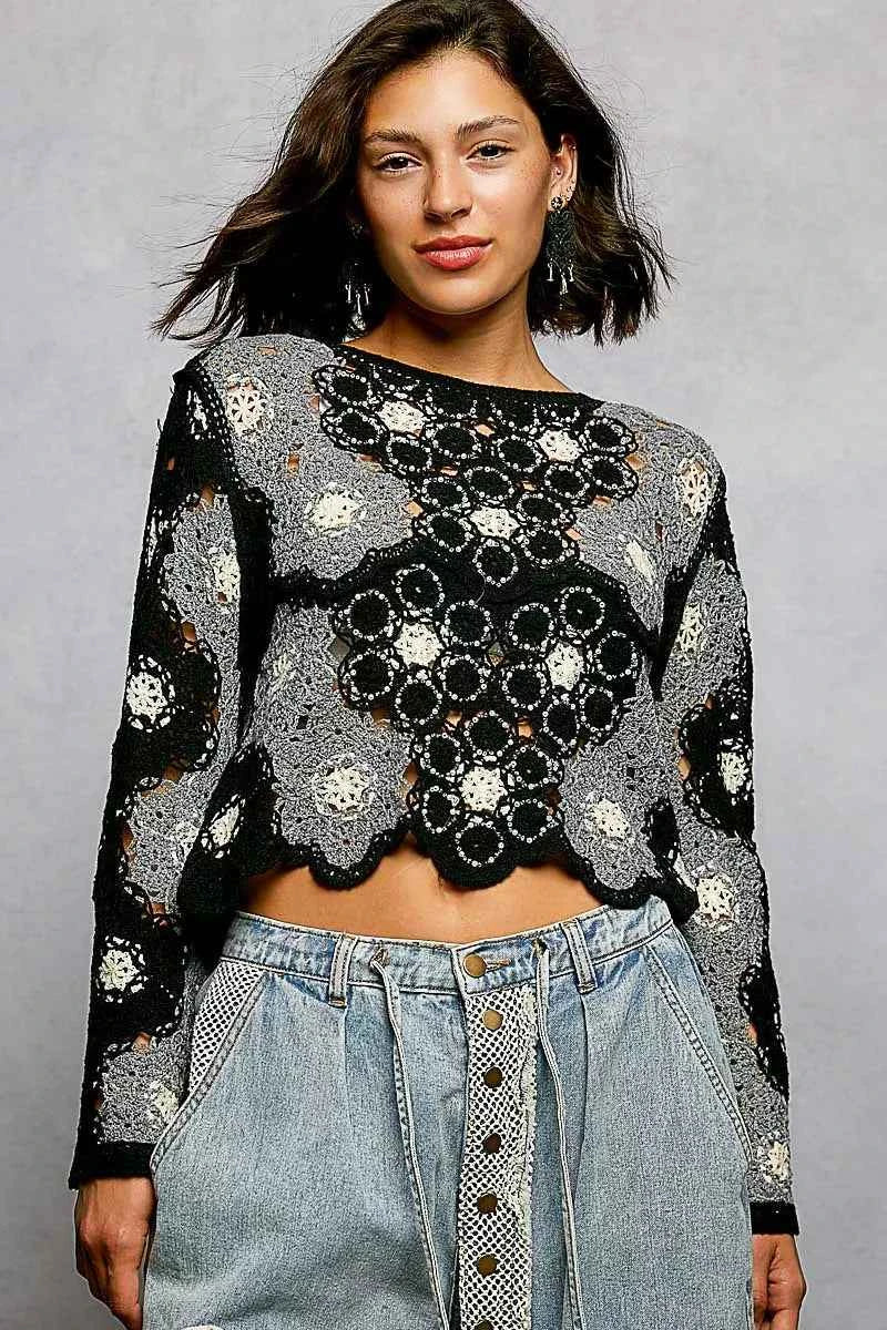 POL Floral Weave Pattern Crochet Cropped Top with Beads Detail 77c44287-db83-4a49-93bd-e5bf889485b7-Max-Origin
