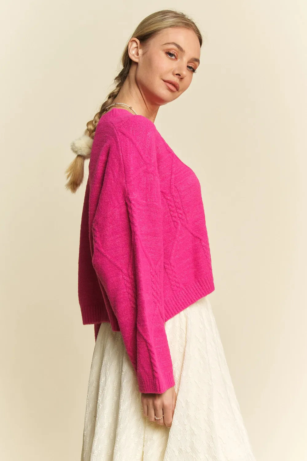 Davi & Dani Diamond Cable Pattern Drop Shoulder Sweater 77c86804-82a2-4d36-a31a-6ad69a0a1fb8-Max