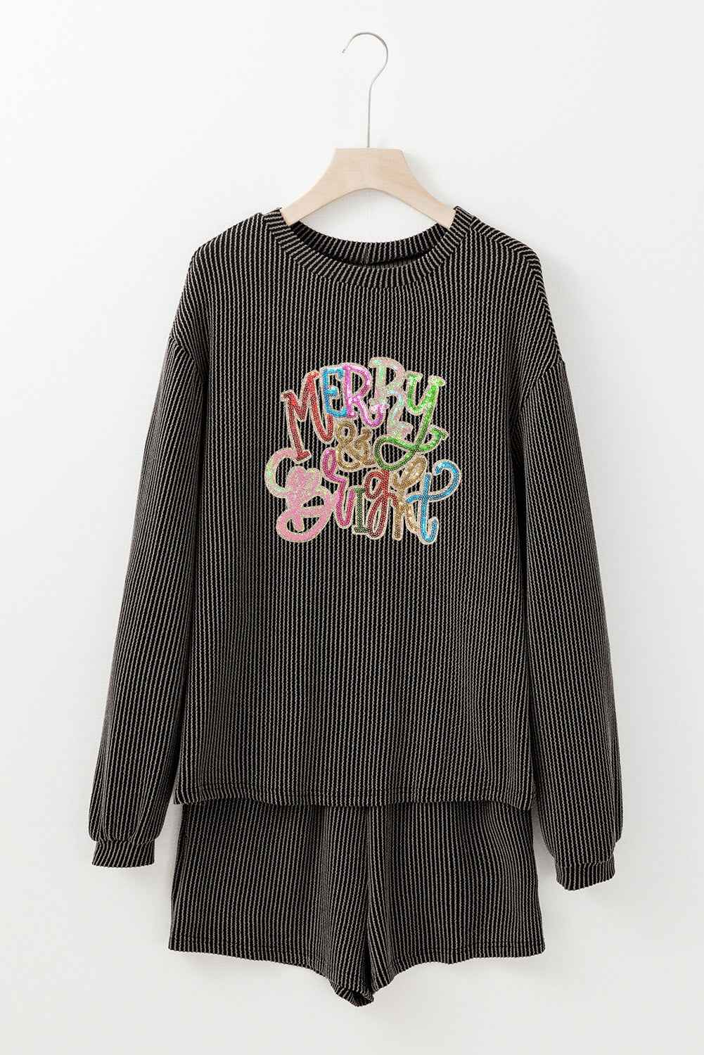 Carbon Grey Twisted Ribbed Merry & Bright Sequin Graphic Long Sleeve Top 2pcs Short Set 77c889248650f4dd