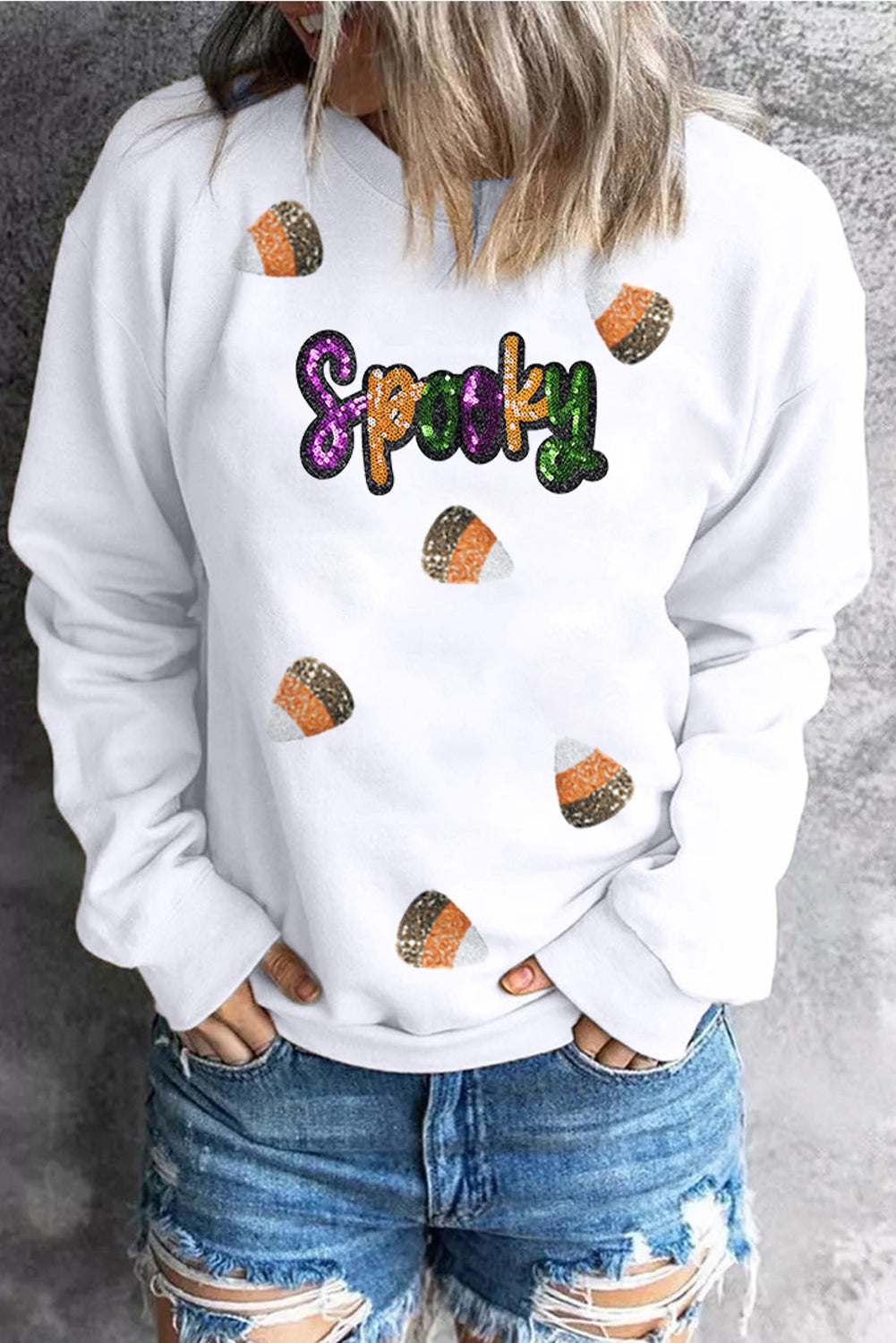 White Spooky Halloween Spirit Sequins Patch Casual Sweatshirt 77c8fc9b3b48d5cc
