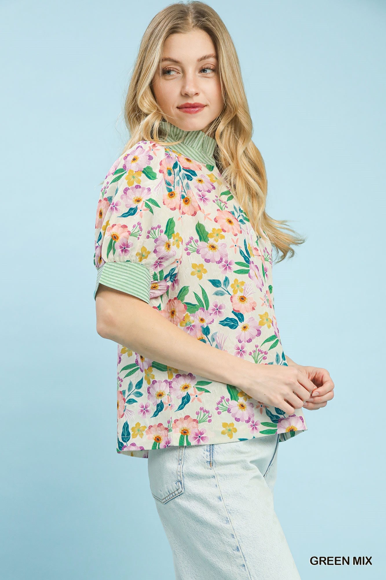 Umgee Floral Print Jacquard Ruffle Top 77c991f5-3e92-43f1-833f-8586df481362-Max
