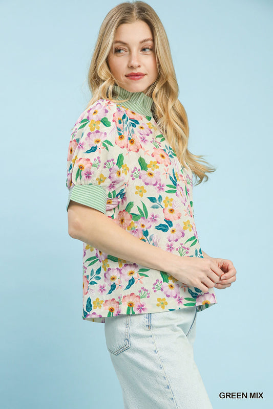 Umgee Floral Print Jacquard Ruffle Top 77c991f5-3e92-43f1-833f-8586df481362-Max
