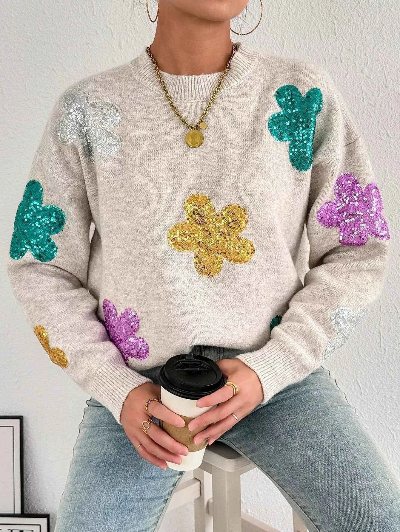 Sequined Floral Round Neck Sweater 77c9b3b1-b5e4-4f71-8333-231c8d4539d8-Max-Origin