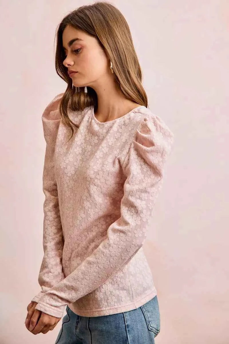 BiBi Textured Flower Knit Puff Shoulder Top 77ccbbcc42f744bba02d85c0f75c5e11-Max-Origin