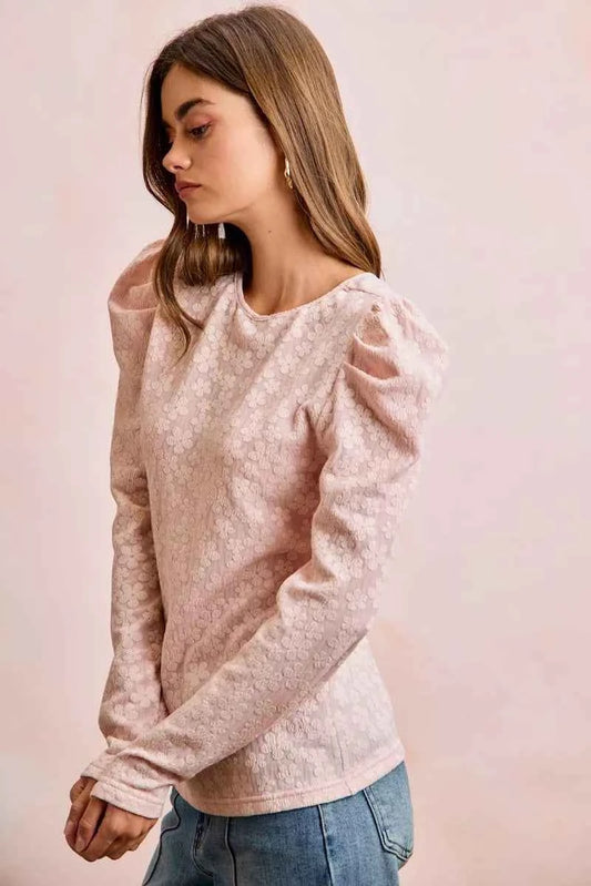 BiBi Textured Flower Knit Puff Shoulder Top 77ccbbcc42f744bba02d85c0f75c5e11-Max-Origin
