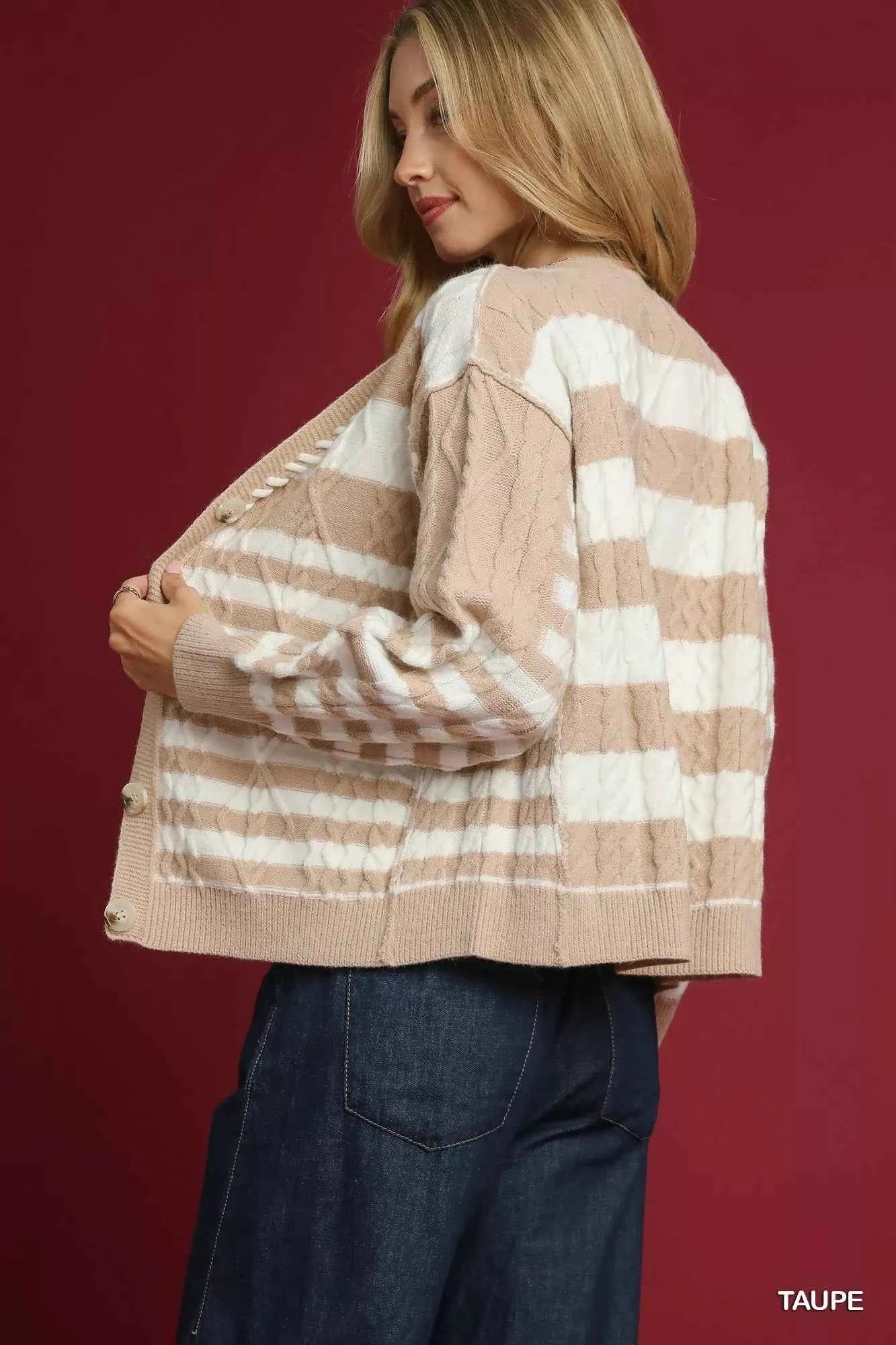 Umgee Cable-Knit Stripe Button-Up Cardigan 77cd0288-a39e-4fdb-94ca-bbdaf9b0fc56-Max-Origin