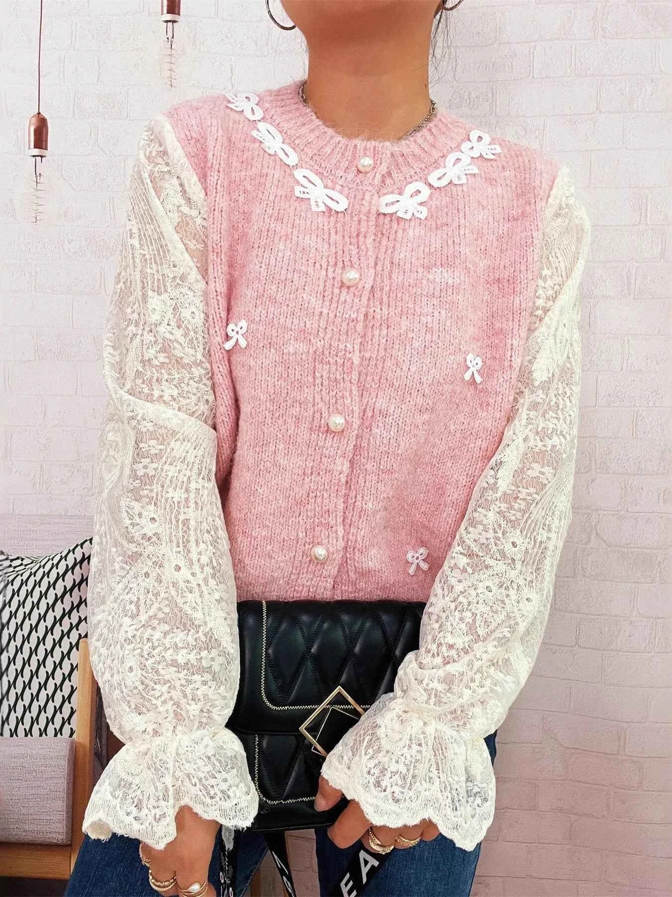 Lace Sleeve Button-Up Cardigan Pink One Size 77cf22c83def4dfa8748f34ecc39a3fa-Max-Origin