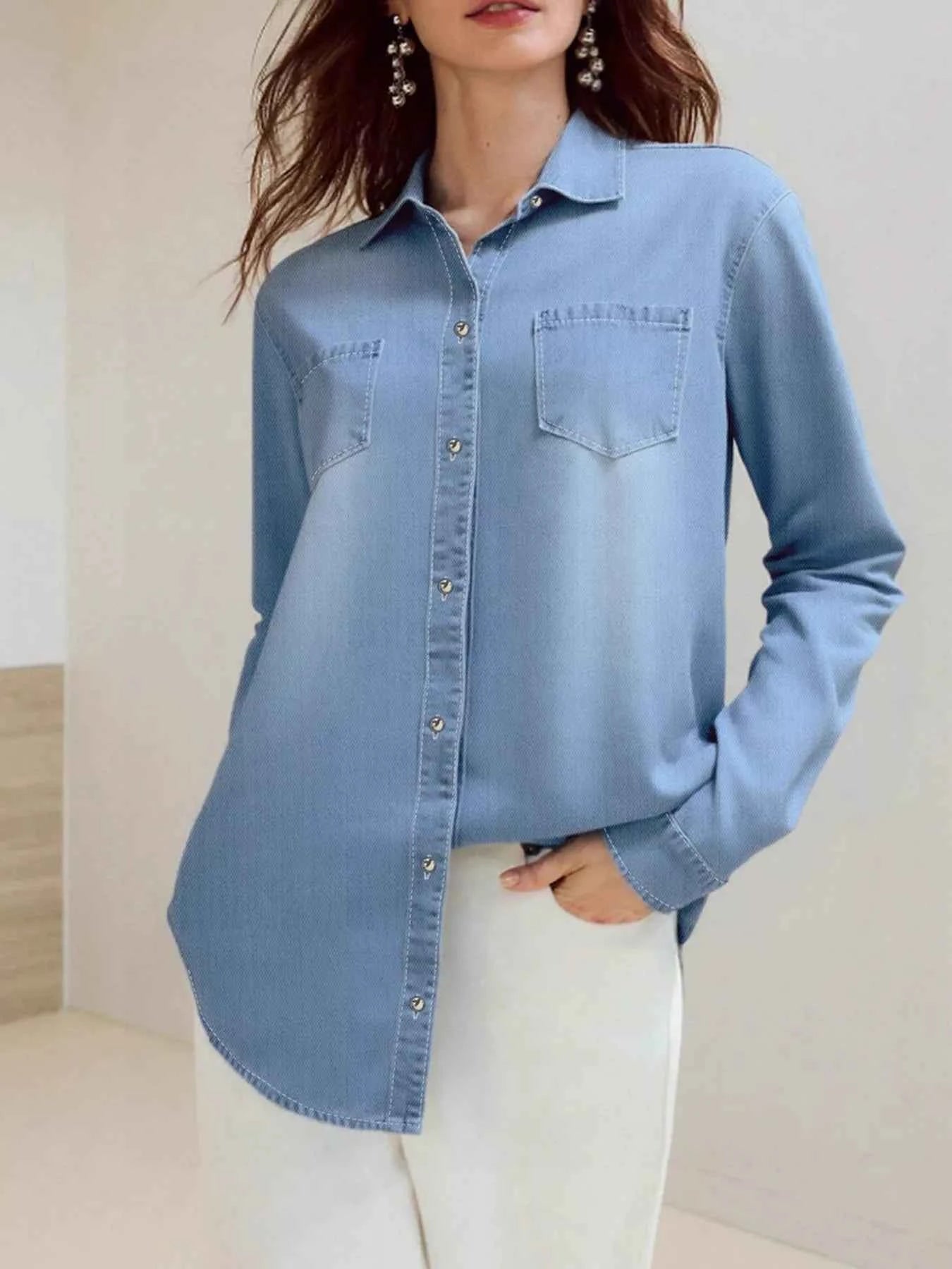 Full Size Button-Up Long Sleeve Denim Shirt Plus Size