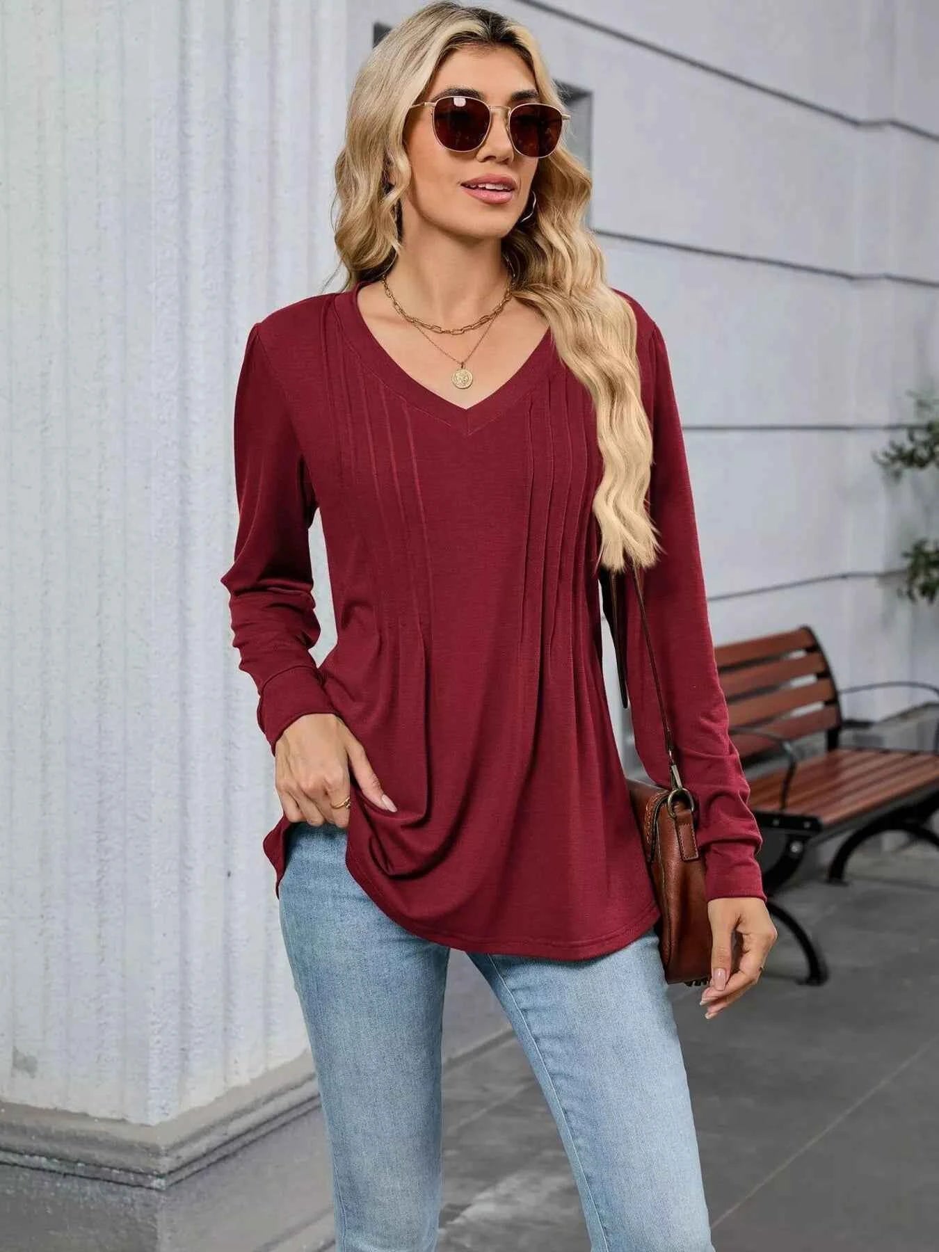 V-Neck Long Sleeve Relaxed Fit T-Shirt