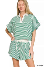 Zenana Striped Collared Top & Shorts Set K GREEN 77d9e0922d7d4d8ca0167de6e4e0e161-Max-Origin