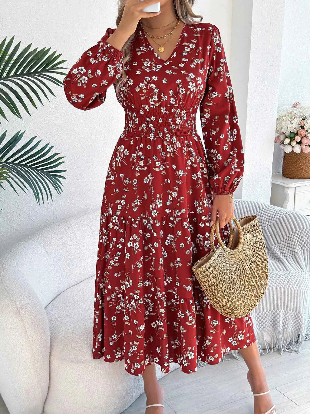 Floral Print Long Sleeve V-Neck Midi Dress 77db9d2e751b4115a77fd7ebc57637f1-Max-Origin
