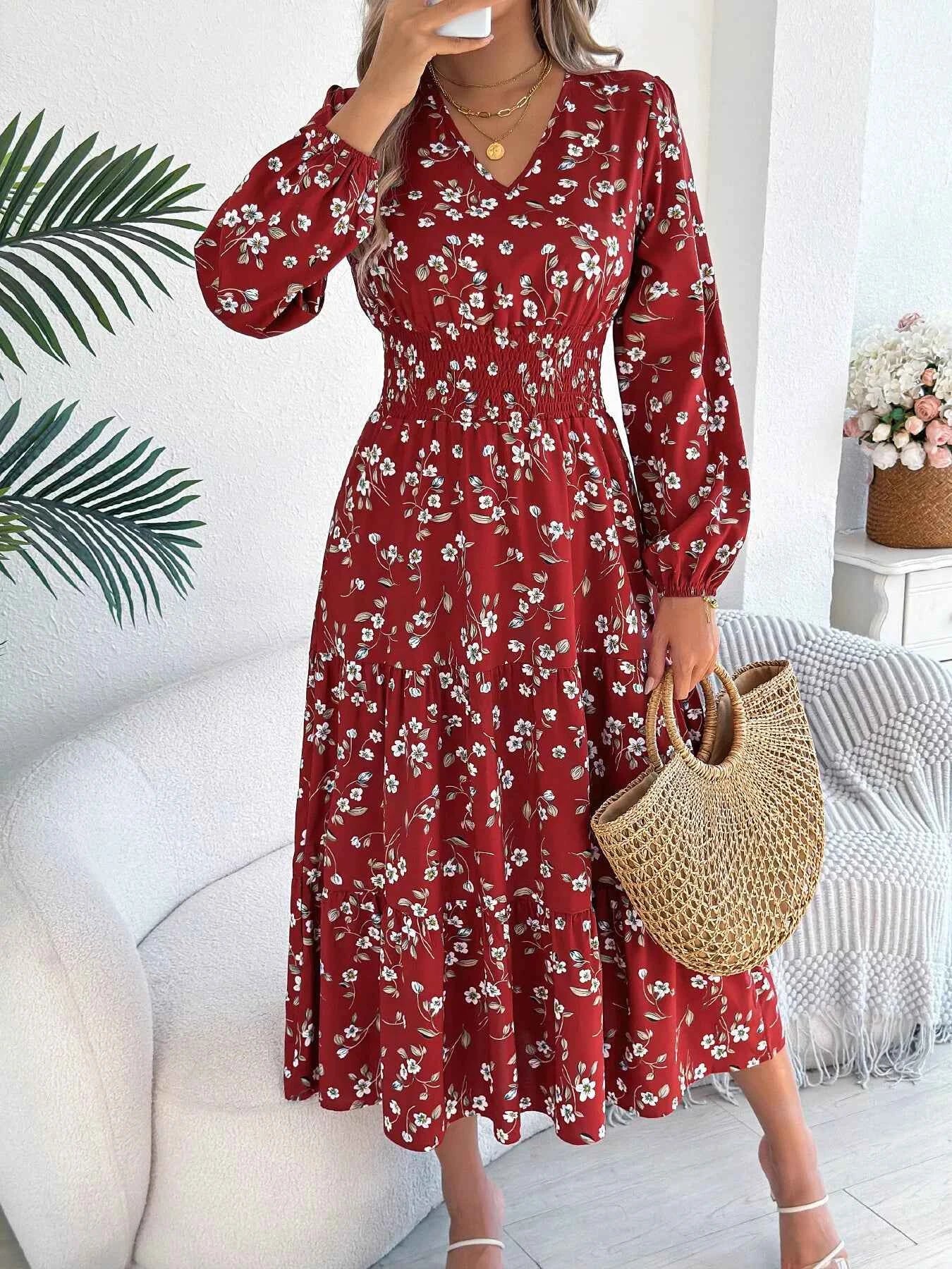 Floral Print Long Sleeve V-Neck Midi Dress 77db9d2e751b4115a77fd7ebc57637f1-Max-Origin