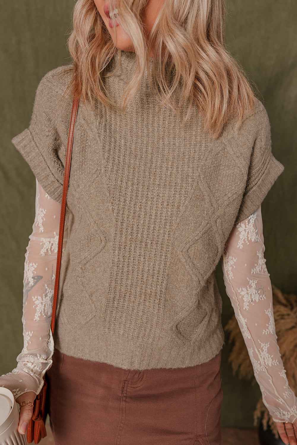 Smoke Gray Textured Knit Mock Neck Short Sleeve Sweater Smoke Gray 65%Acrylic+35%Polyamide 77e289c302eff665