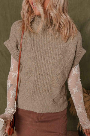 Smoke Gray Textured Knit Mock Neck Short Sleeve Sweater Smoke Gray 65%Acrylic+35%Polyamide 77e289c302eff665