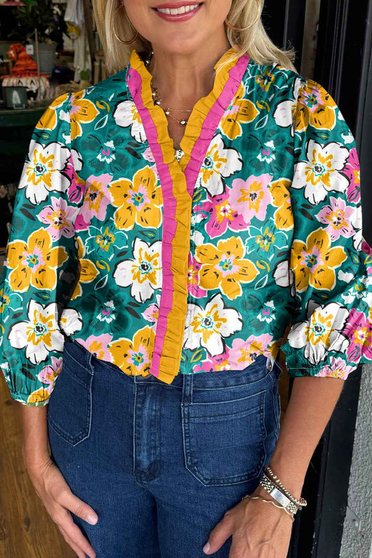 Green Floral Print Contrast Trim Frilled V Neck 3/4 Sleeve Blouse Green 55%Cotton+45%Viscose 77e44731415bf355
