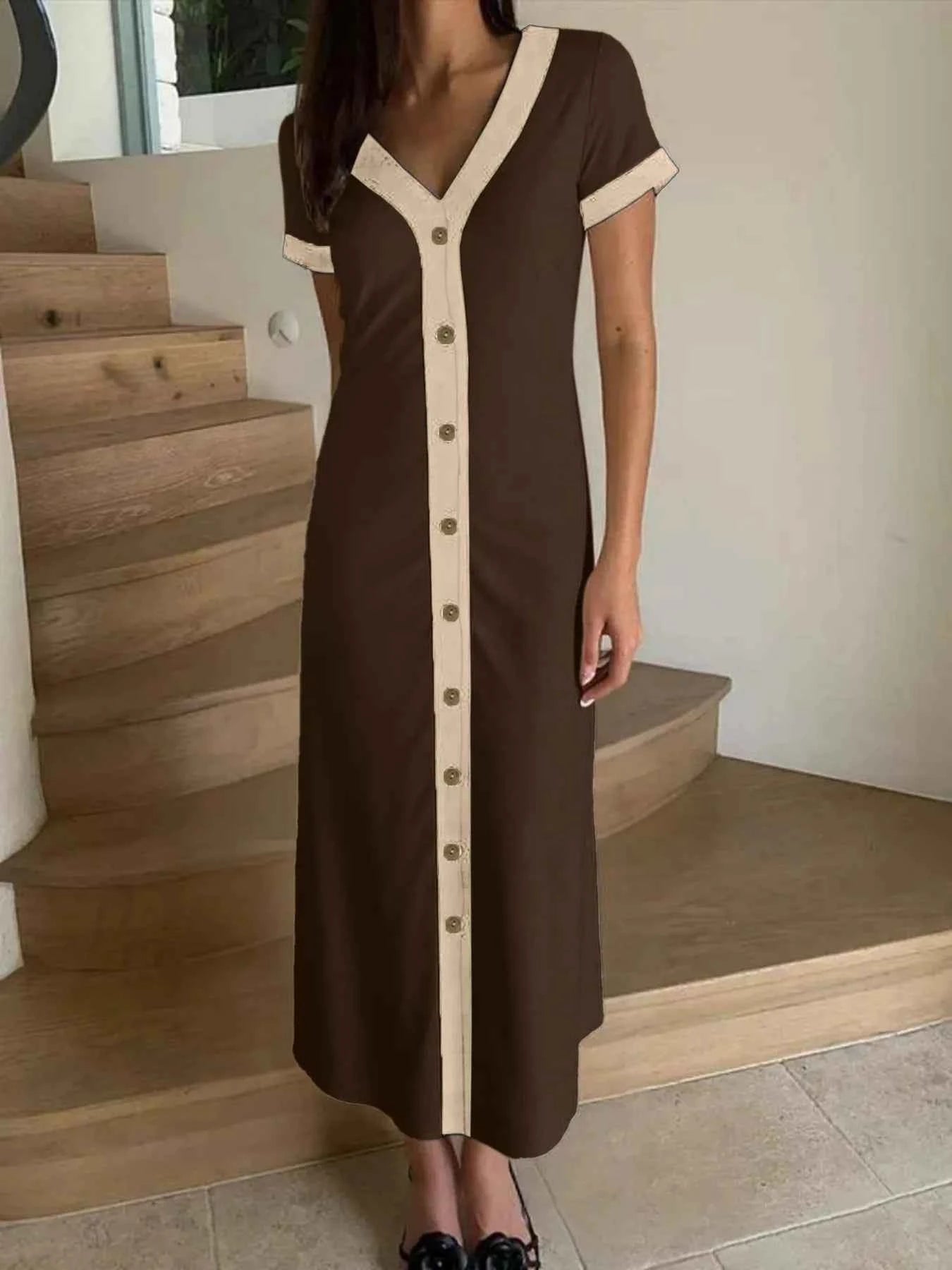 Button-Front Contrast Trim Midi Dress 77e47b3fba4b41c6ab1ab858331f1eb6-Max-Origin