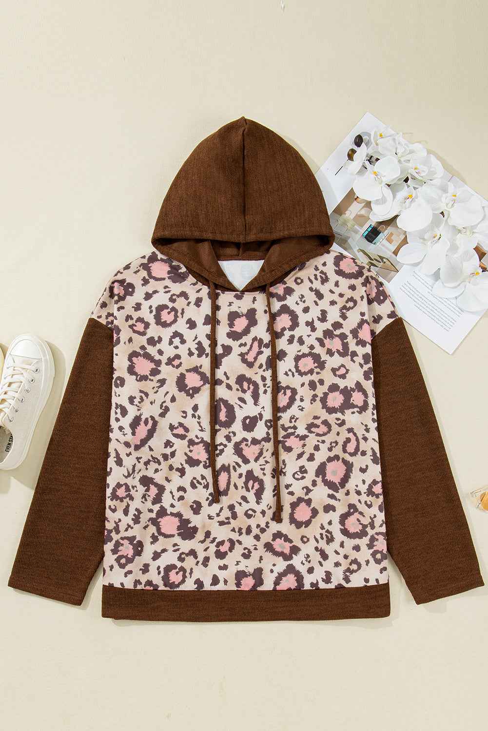 Brown Leopard Print Knit Patchwork Plus Hoodie 77e510d9df36848a