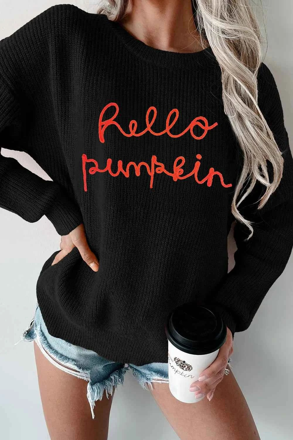 HELLO PUMPKIN Round Neck Long Sleeve Sweater 77ea82a1-1007-4ed4-b534-aff4796dffcf-Max
