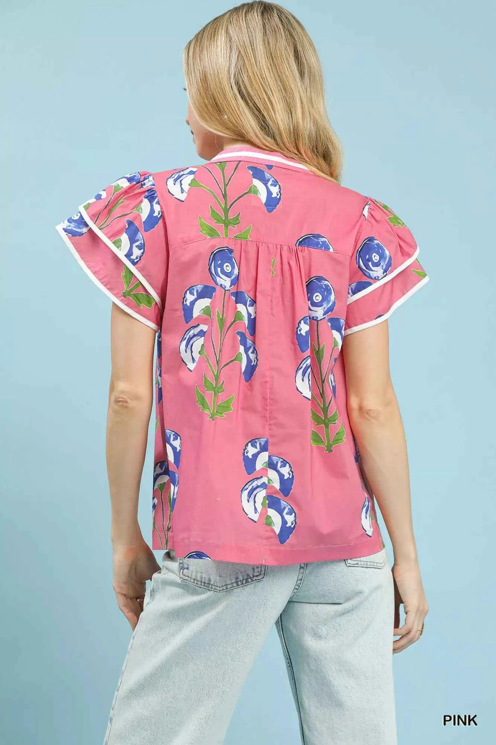 Umgee Blossom Meadow Print Blouse with Contrast Trim