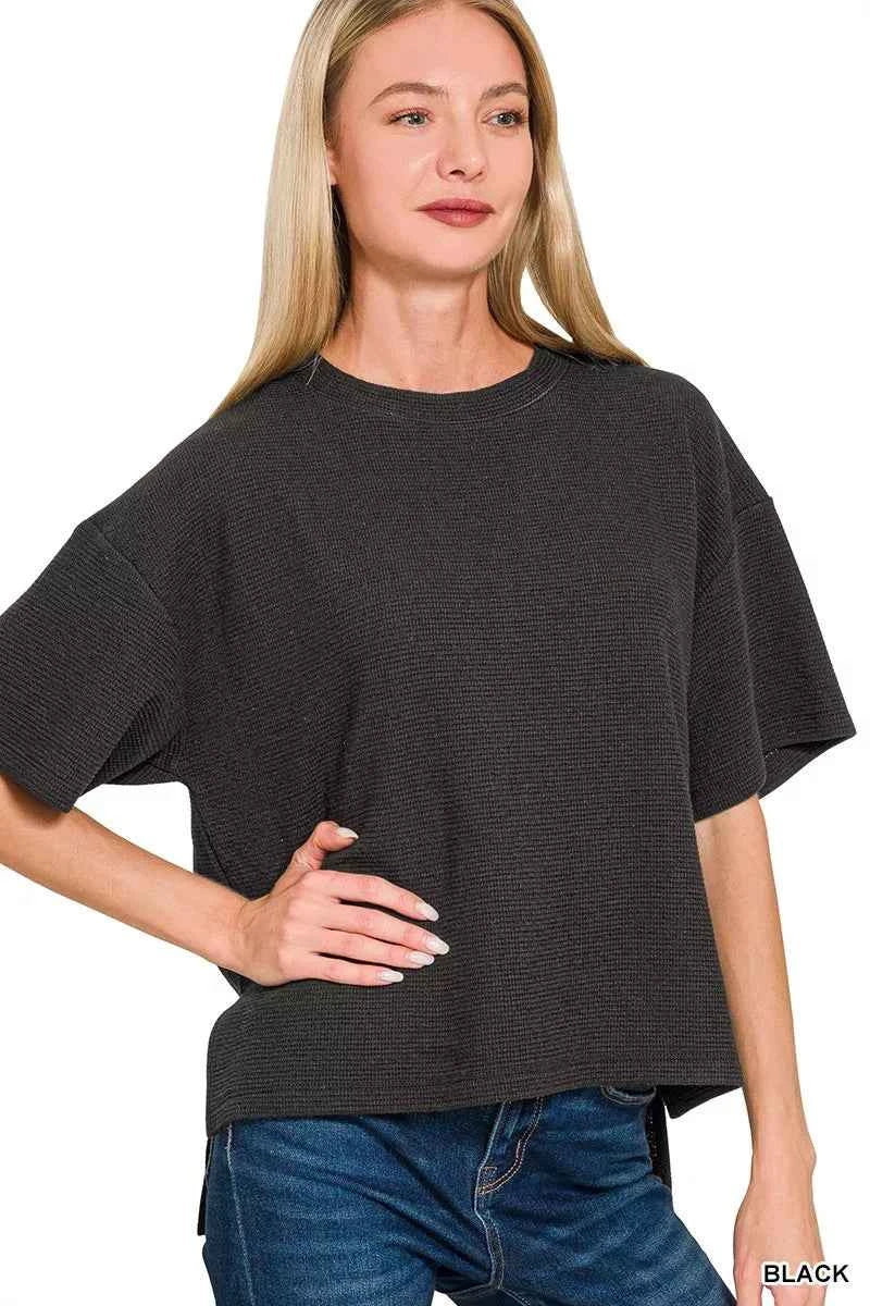 Zenana Full Size Double Knit Side Slits Hi Low Short Sleeve Top Plus Size BLACK 77eb08345c144924a457684f2372e057-Max-Origin